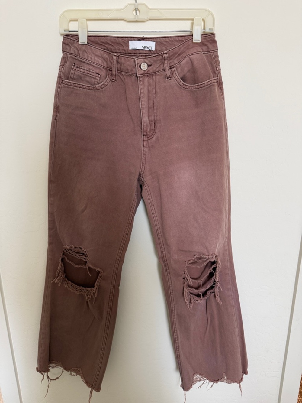 High-Rise Distressed Crop Jeans - Mauve Brown